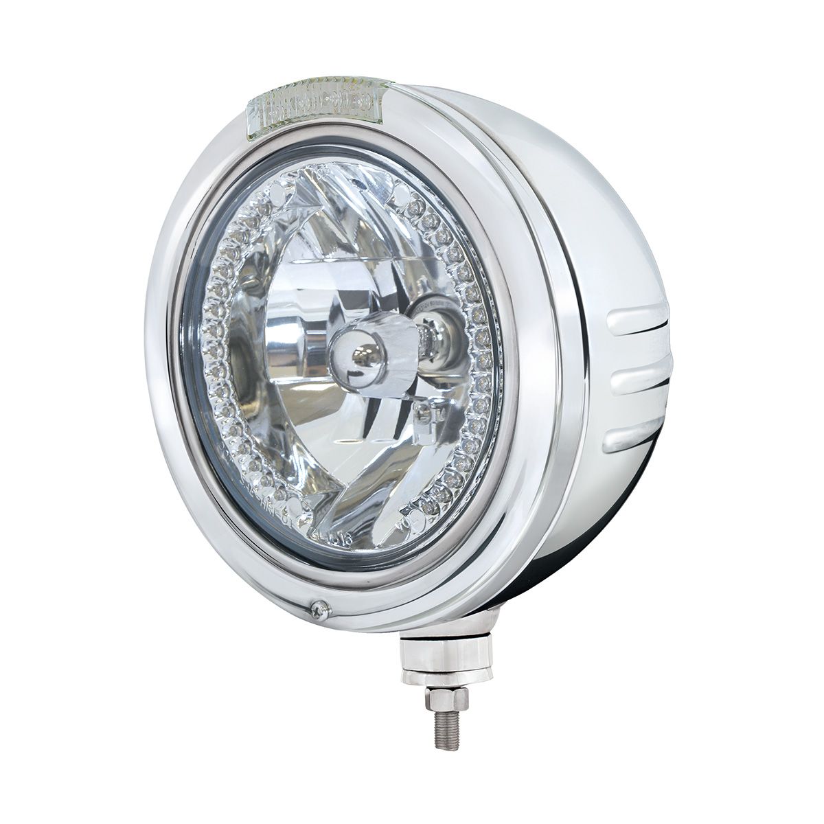Stainless Steel Bullet Embossed Stripe Headlight H4 With White LED & Dual Mode LED Signal - Clear Lens