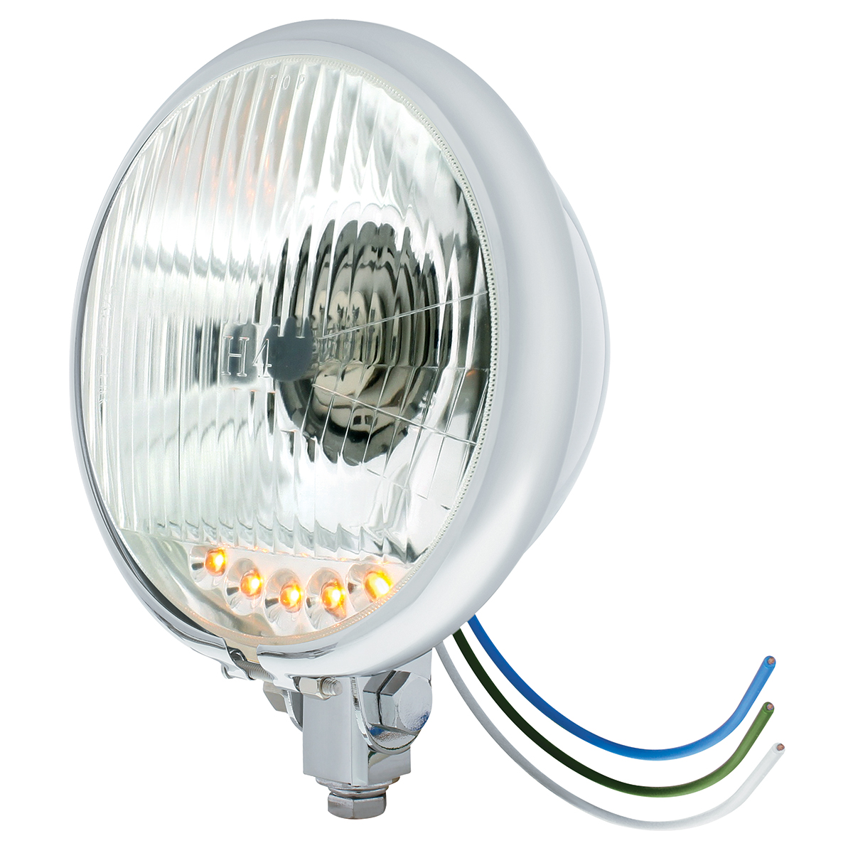 Chrome 5-3/4" Motorcycle Headlight H4 Bulb With 5 Amber LED - Bottom Mount - Thumbnail 2
