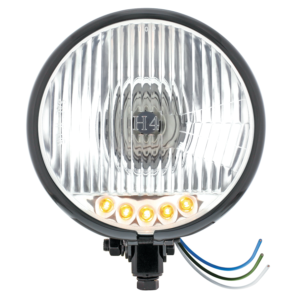 Black 5-3/4" Motorcycle Headlight H4 Bulb With 5 Amber LED - Bottom Mount - Thumbnail 4