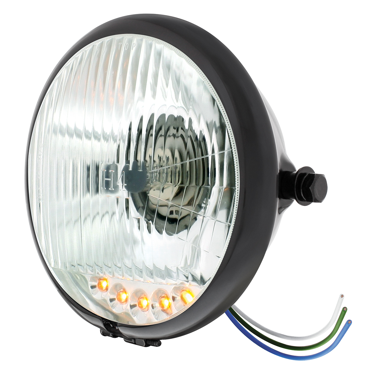 Black 5-3/4" Motorcycle Headlight H4 Bulb With 5 Amber LED - Side Mount - Thumbnail 2