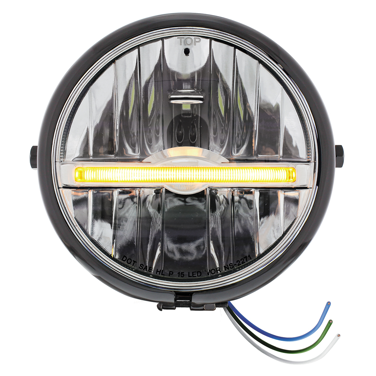 Black 5-3/4" Motorcycle Headlight 9 LED Bulb With Amber LED Light Bar - Side Mount - Thumbnail 4