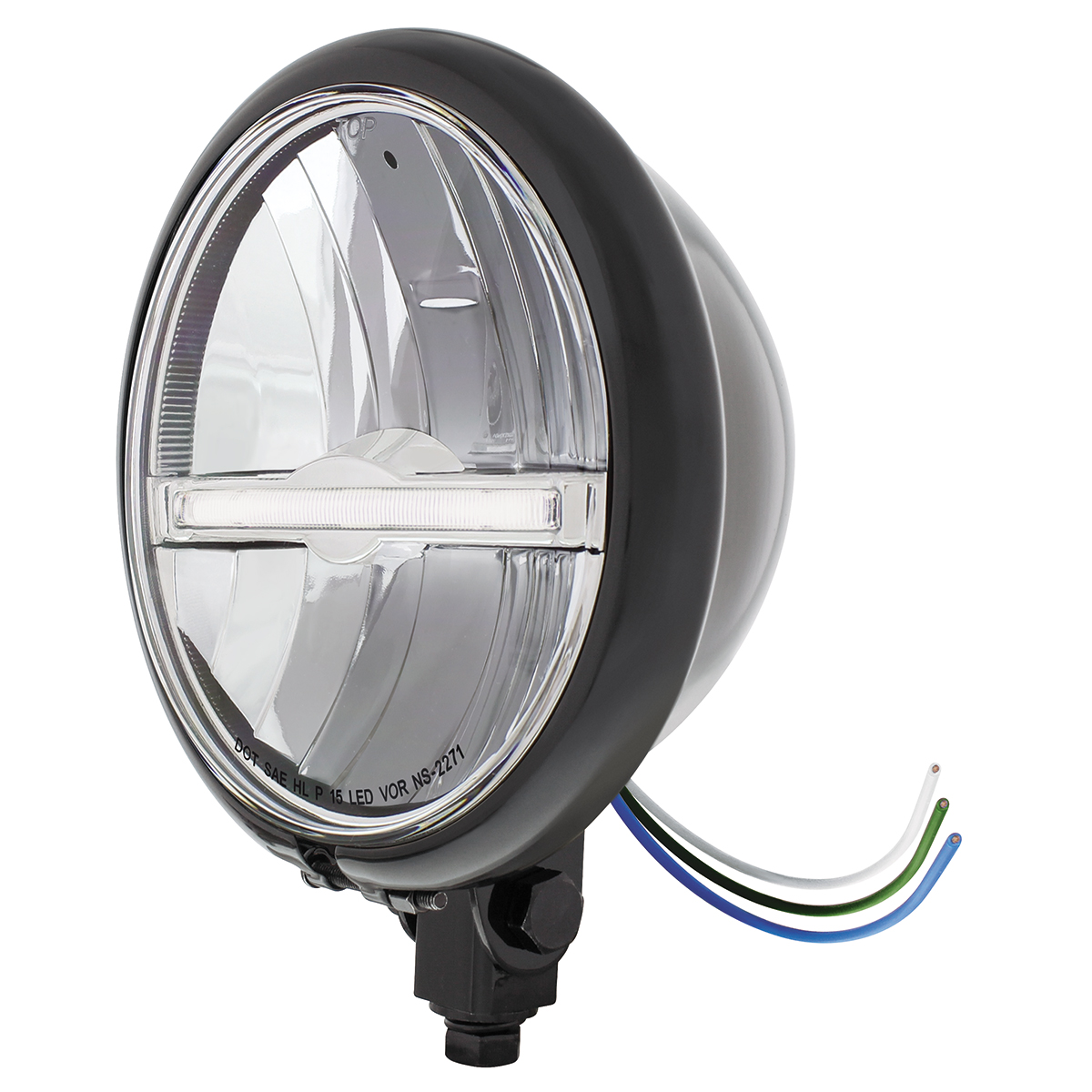 Black 5-3/4" Motorcycle Headlight 9 LED Bulb With White LED Light Bar - Bottom Mount - Thumbnail 2