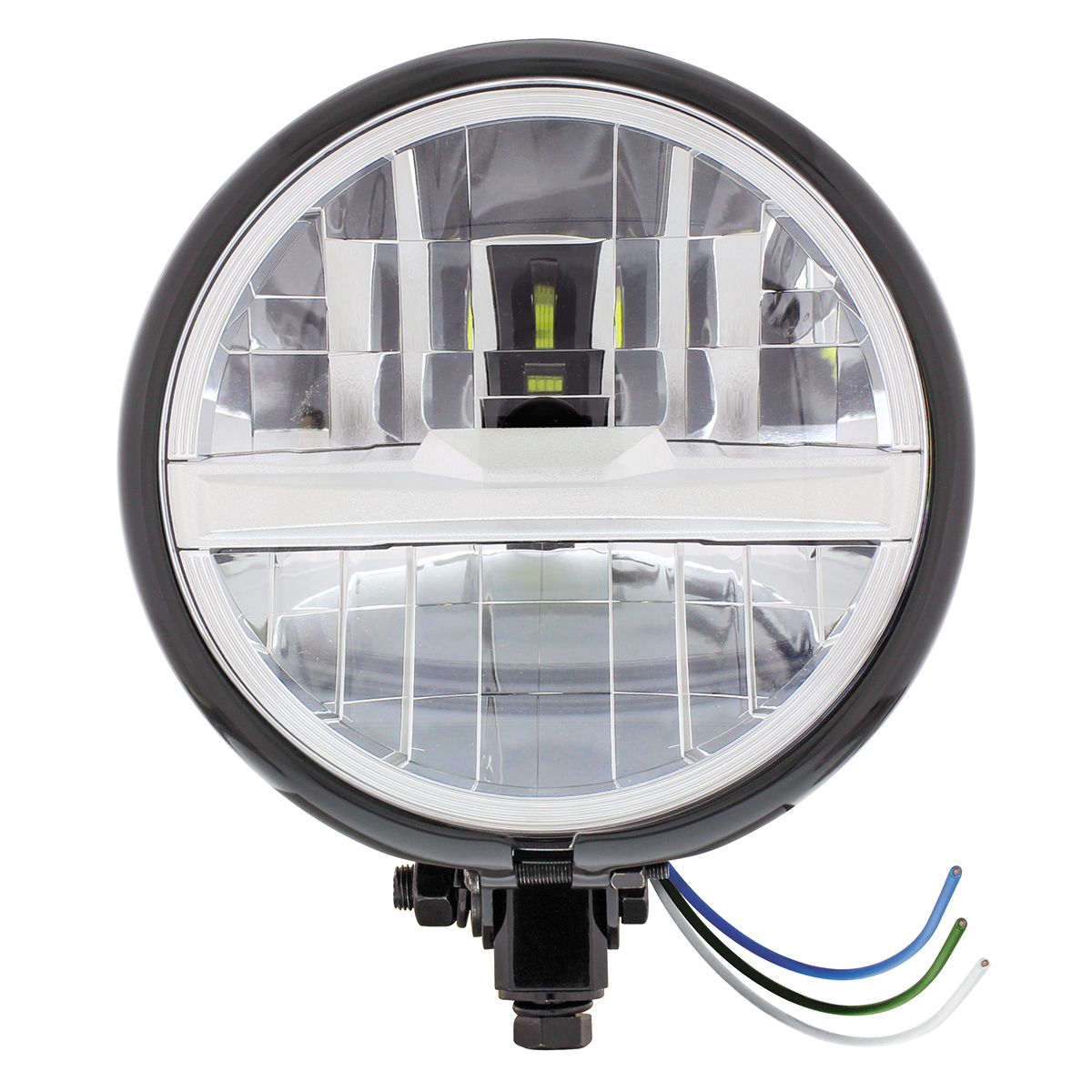 Black 5-3/4" Motorcycle Headlight 8 LED Bulb With Silver Bar - Bottom Mount