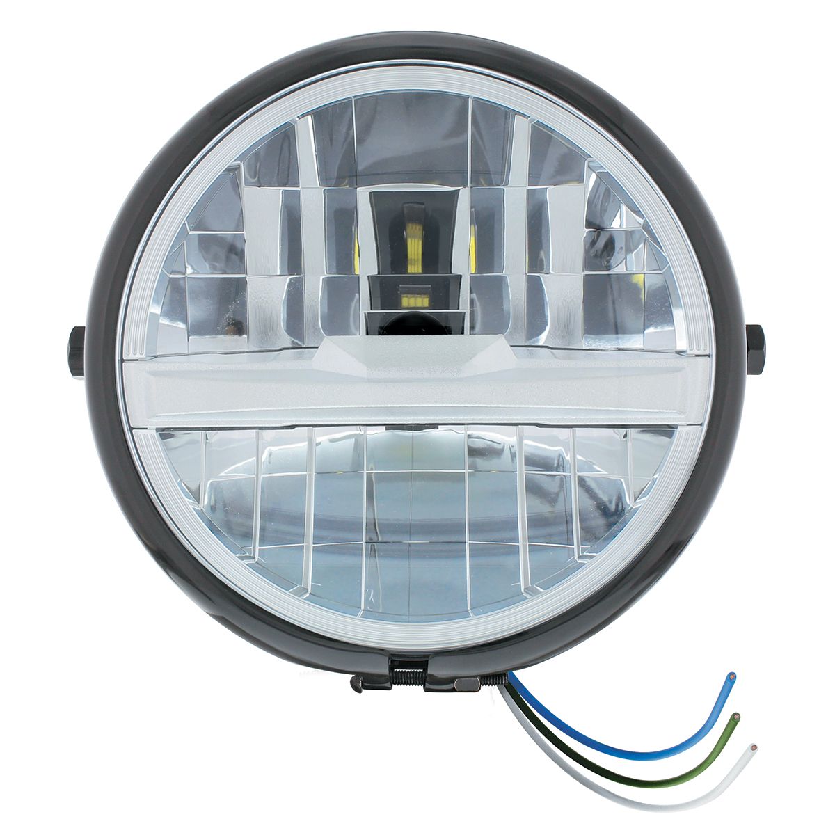 Black 5-3/4" Motorcycle Headlight 8 LED Bulb With Silver Bar - Side Mount