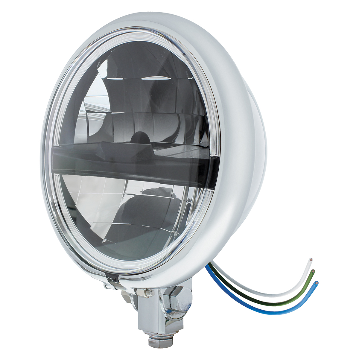 Chrome 5-3/4" Motorcycle Headlight 8 LED Blackout Bulb With Black Bar - Bottom Mount - Thumbnail 2