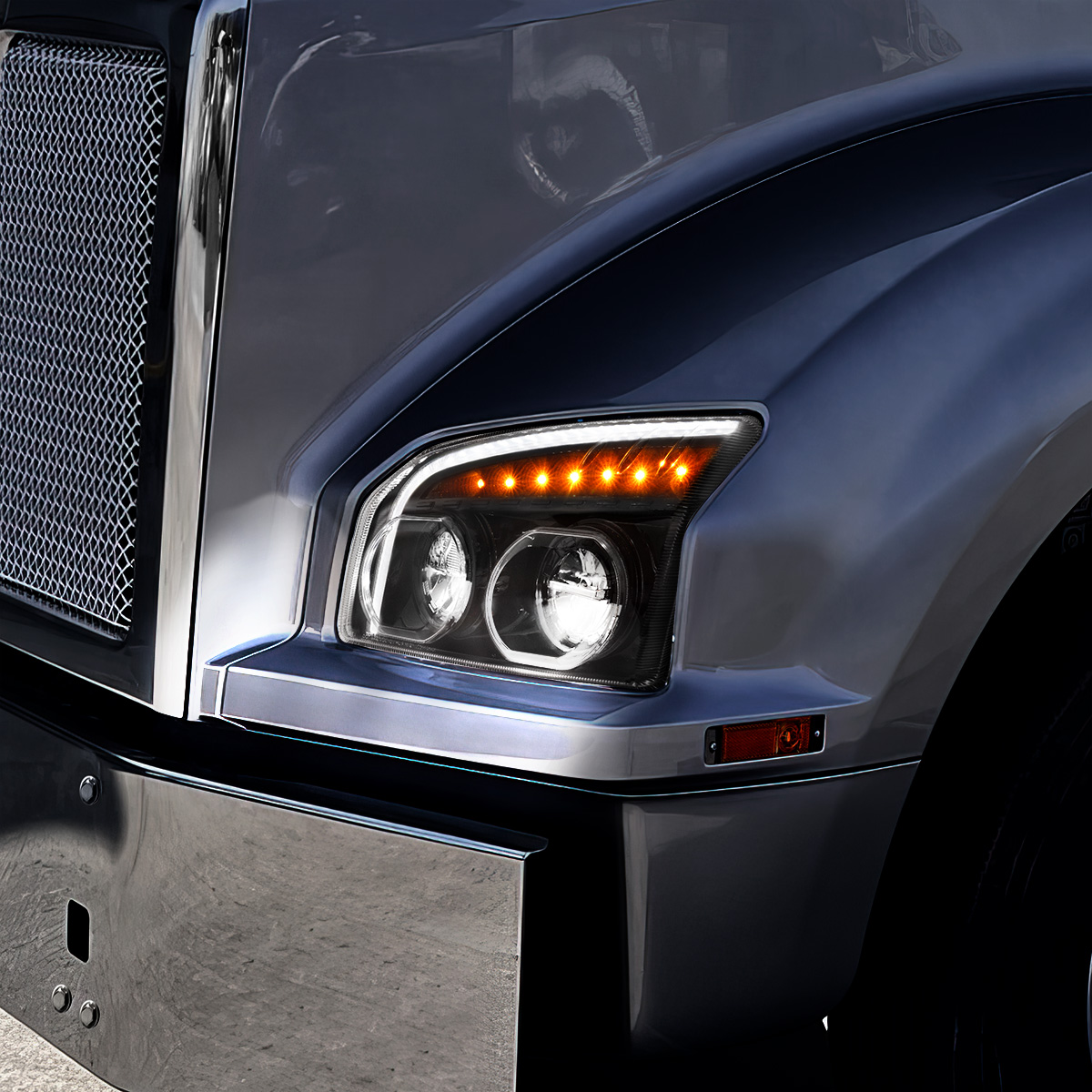 High Power LED Blackout Headlight With LED Turn Signal & Light Bar For 2015-2025 Kenworth T880-Passenger - Thumbnail 13