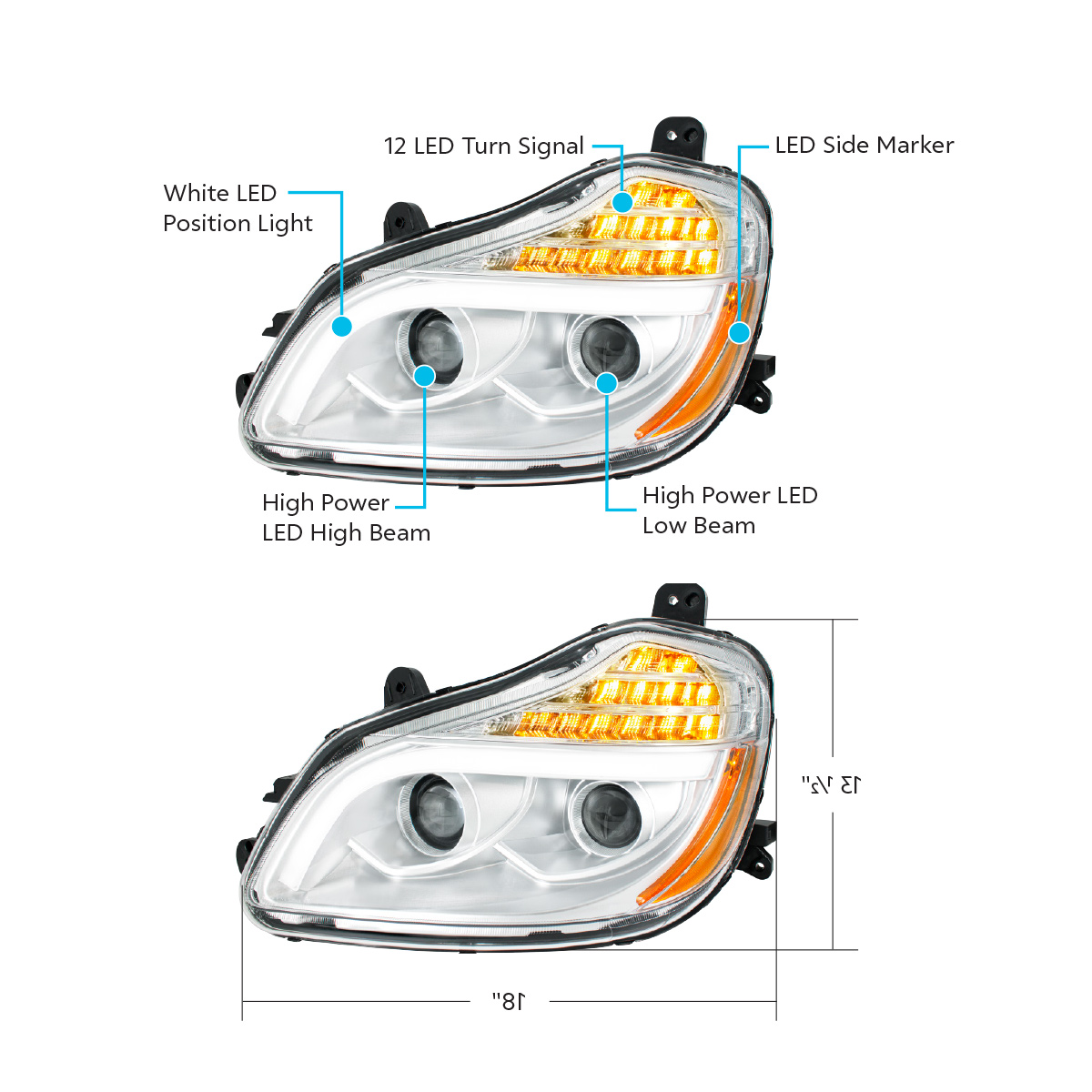 Chrome 8 LED Projection Headlight For 2013-2021 Kenworth T680-Driver - Thumbnail 8