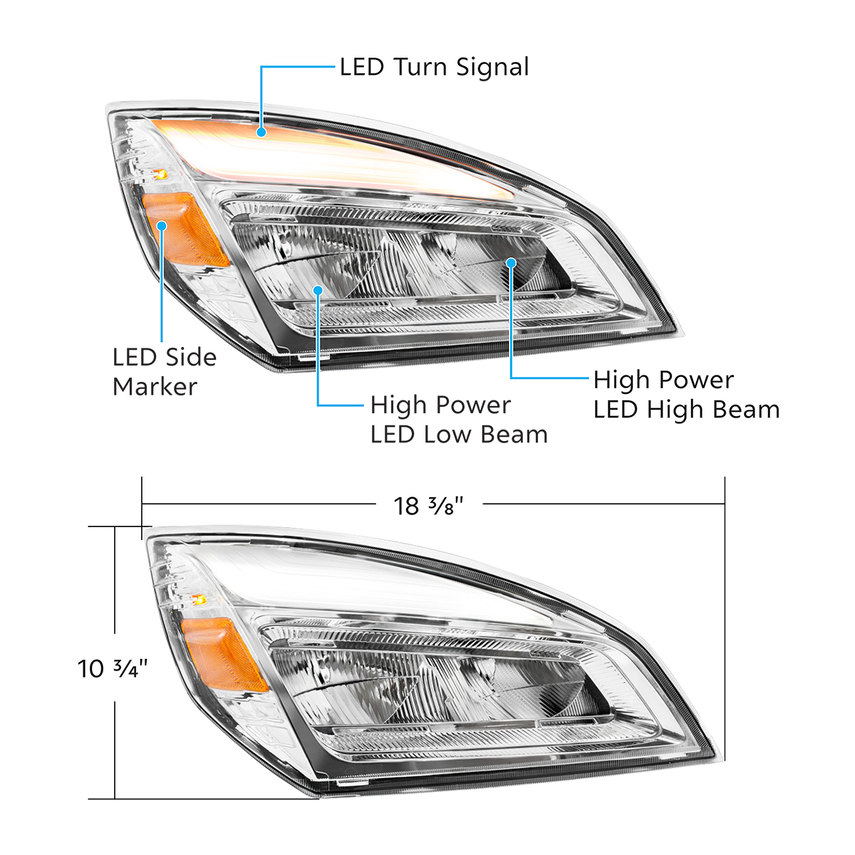 High Power Chrome LED Headlight For 2018-2024 Freightliner Cascadia-Passenger - Thumbnail 8