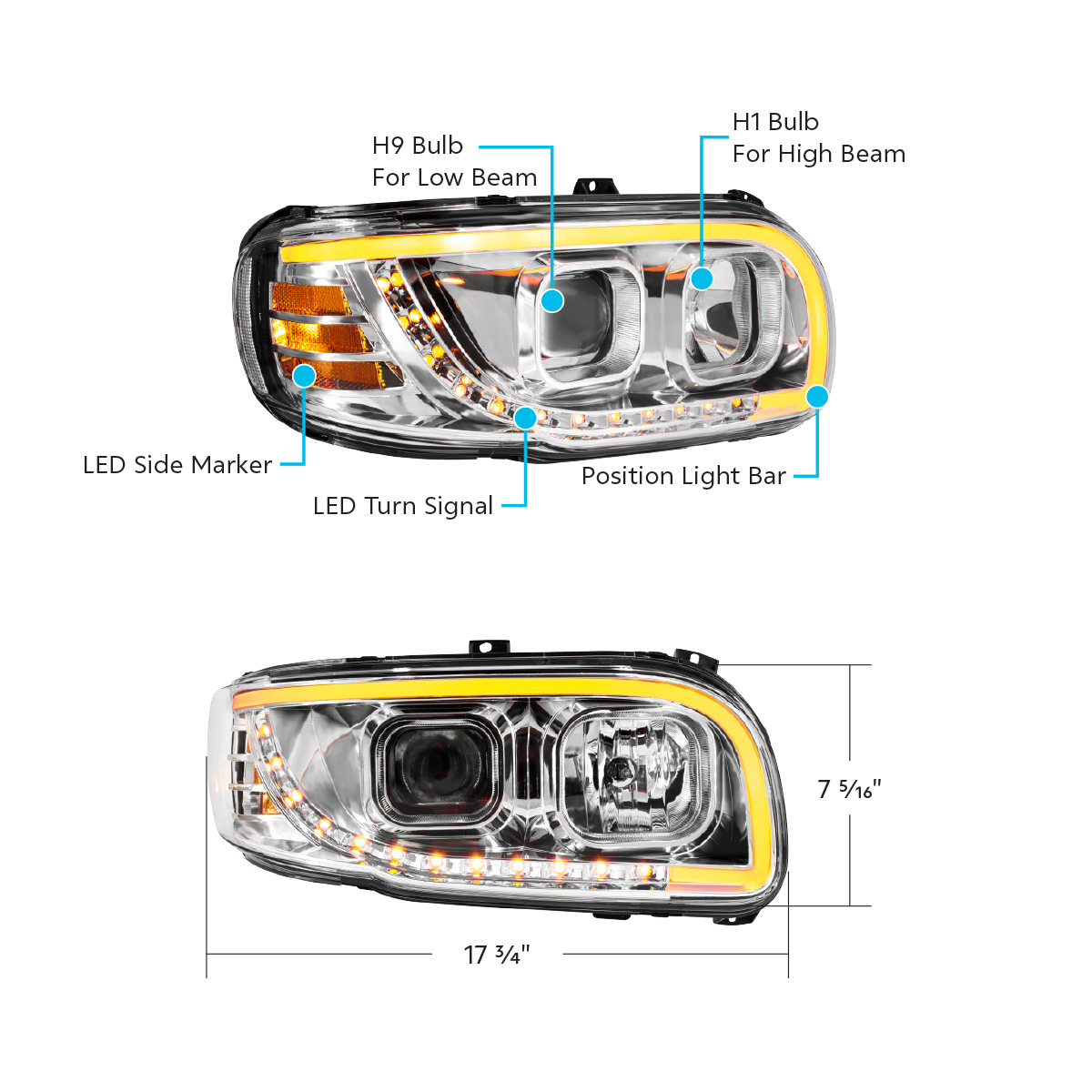Chrome Projection Headlight With LED Turn Signal & Light Bar For 2008-2024 Peterbilt 389-Passenger - Thumbnail 8