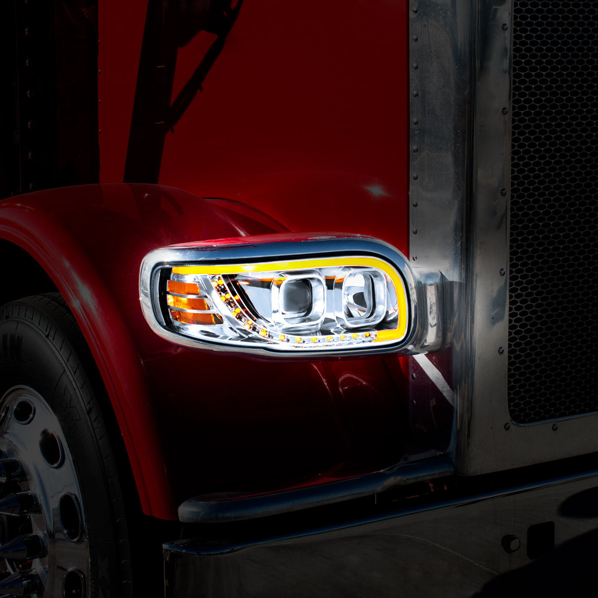 Chrome Projection Headlight With LED Turn Signal & Light Bar For 2008-2024 Peterbilt 389-Passenger - Thumbnail 10