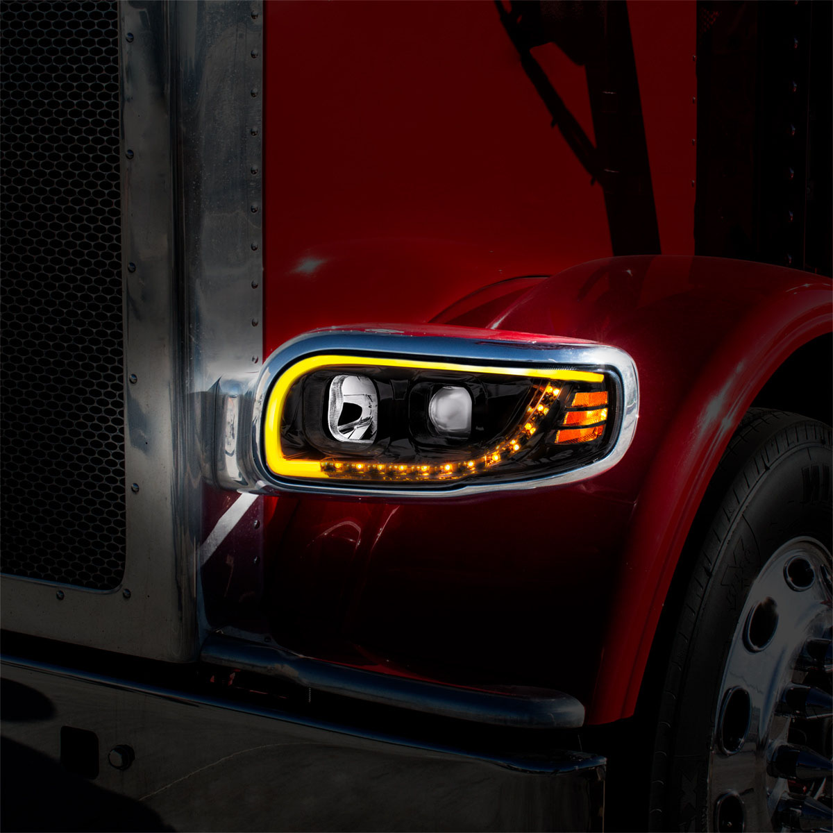Blackout Projection Headlight With LED Turn Signal & Light Bar For 2008-2024 Peterbilt 389-Driver - Thumbnail 10