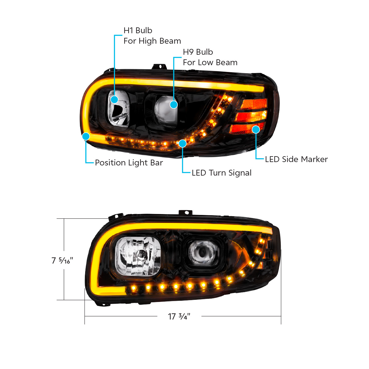 Blackout Projection Headlight With LED Turn Signal & Light Bar For 2008-2024 Peterbilt 389-Passenger - Thumbnail 8