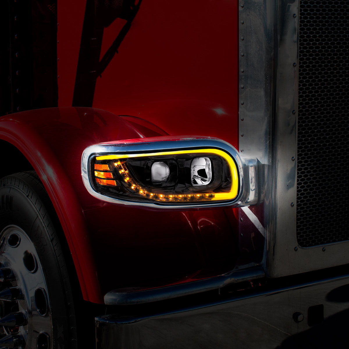 Blackout Projection Headlight With LED Turn Signal & Light Bar For 2008-2024 Peterbilt 389-Passenger - Thumbnail 10