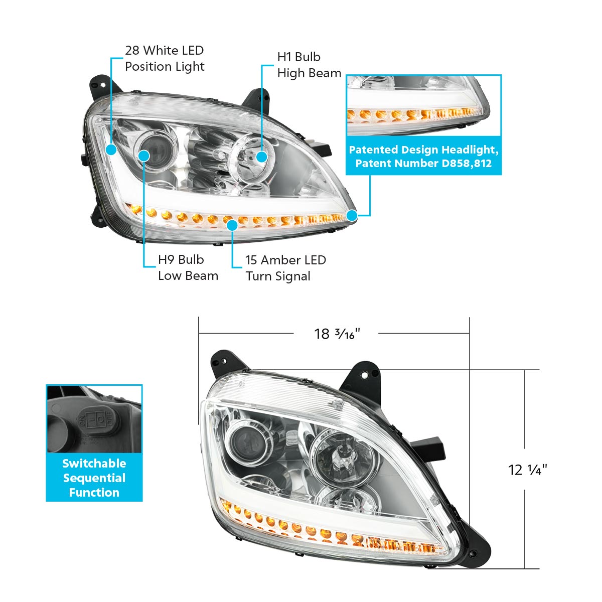 Chrome Projection Headlight With LED Position Light & Sequential Signal For 2012-2021 Peterbilt 579- Passenger - Thumbnail 6