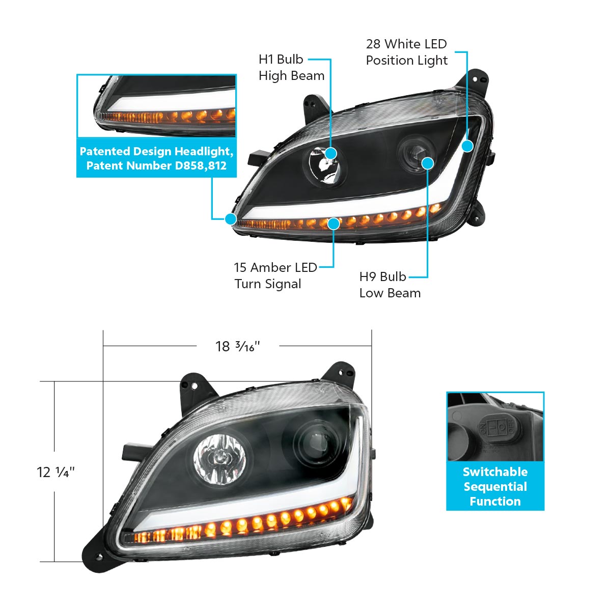 Black Projection Headlight With LED Position & Sequential Signal For 2012-2021 Peterbilt 579- Driver - Thumbnail 6