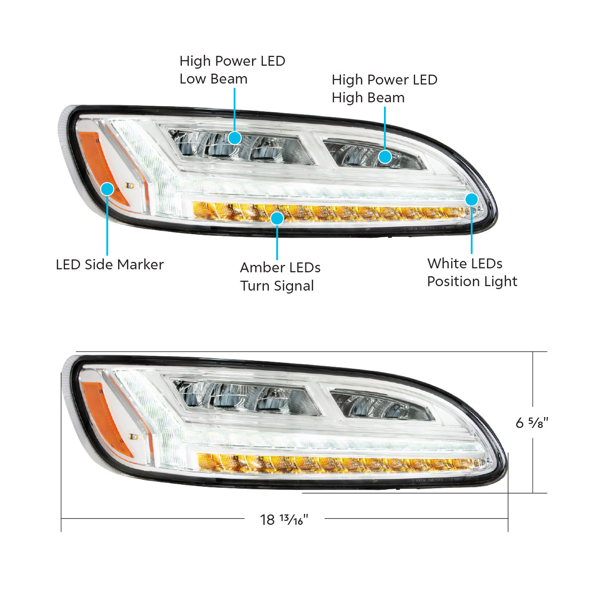 Chrome 6 LED Headlight For Peterbilt 386 (2006-2016) & 387 (2000-2011)- Passenger - Thumbnail 6