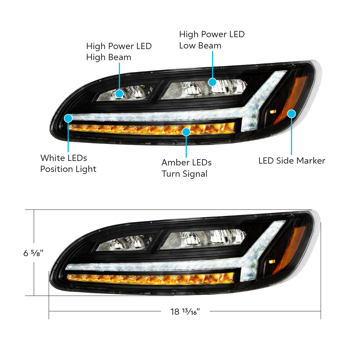 Blackout 6 LED Headlight For Peterbilt 386 (2006-2016) & 387 (2000-2011)- Driver - Thumbnail 6