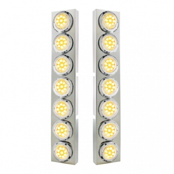 SS Front Air Cleaner Bracket With 14X 9 Amber LED 2" Reflector Lights & Bezel For KW Trucks -Clear Lens