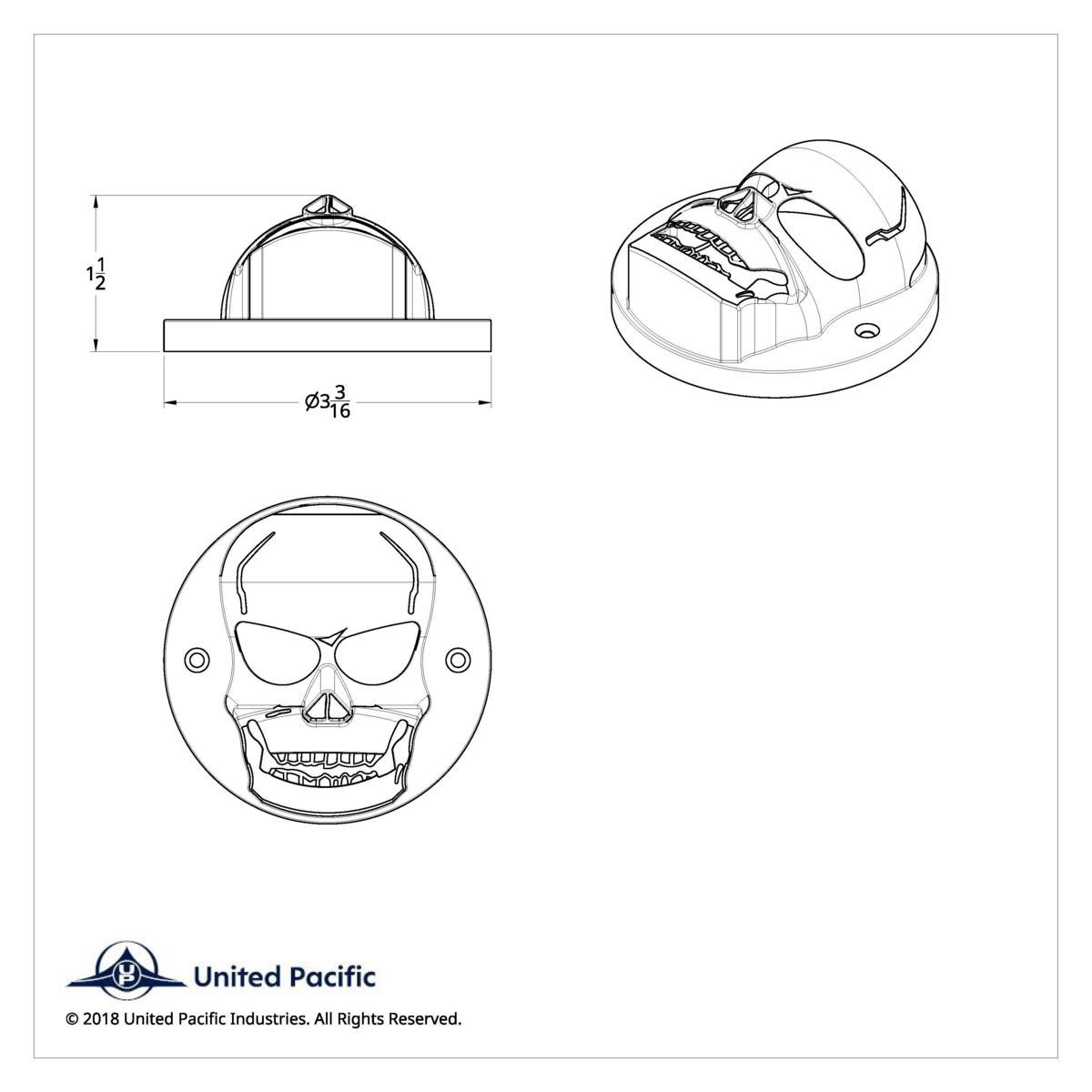 Chrome 3D Skull Light Bezel For 2" Round Light - Thumbnail 3