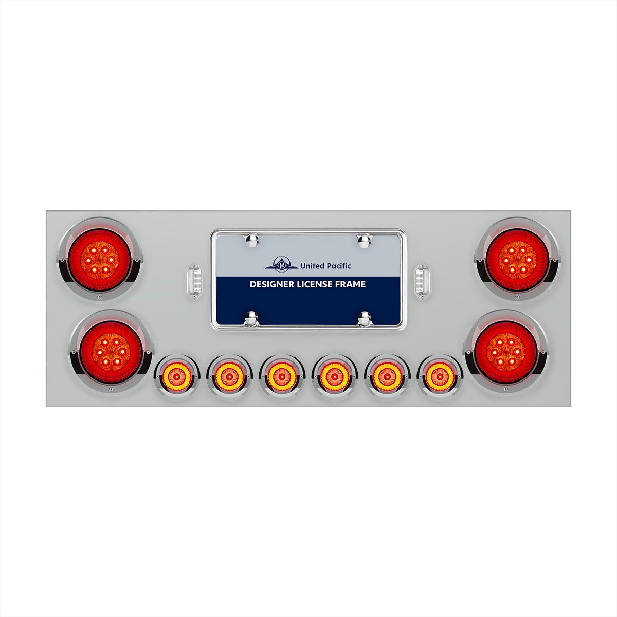 SS Rear Center Panel With Four 16 LED 4" Turbine Light & Six 7 LED 2" Lights & Visor-Red LED/Red Lens