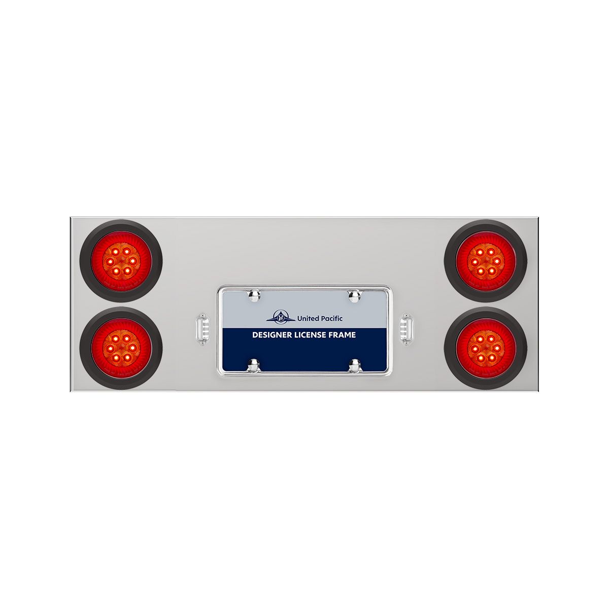 33-3/4" Stainless Rear Center Panel With 4X 16 LED 4" Turbine Lights & Grommets - Red LED/Red Lens