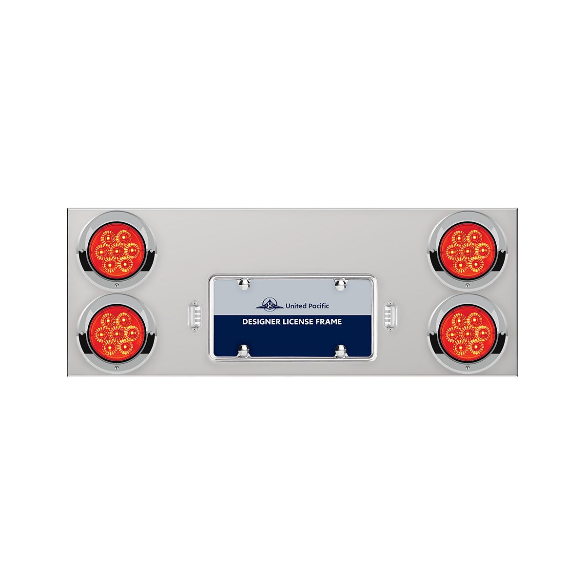 33-3/4" Stainless Rear Center Panel With Four 7 LED 4" Reflector Lights & Visors - Red LED/Red Lens
