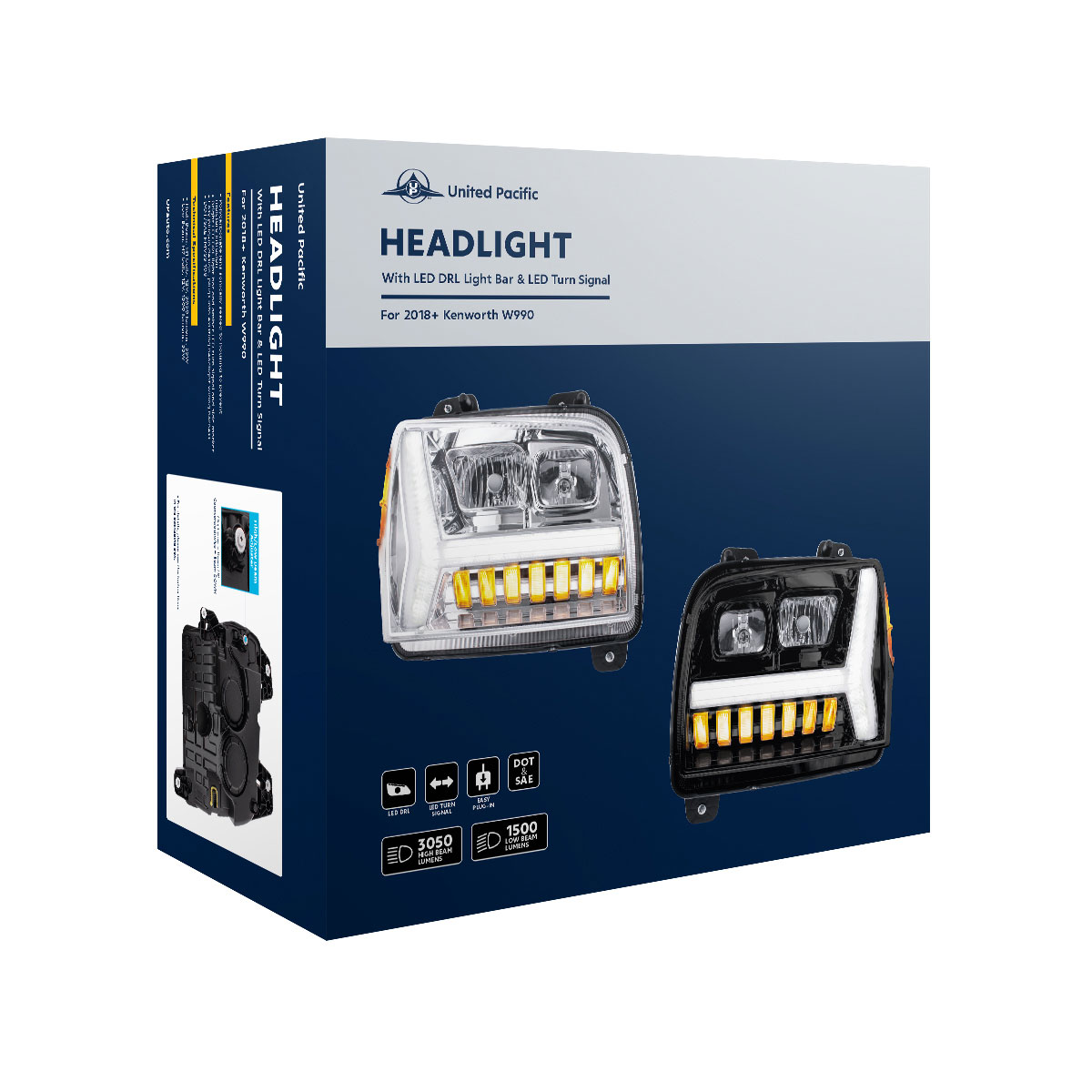 Chrome Headlight With LED DRL Light Bar & Turn Signal For 2018-2024 Kenworth W990-Driver - Thumbnail 7