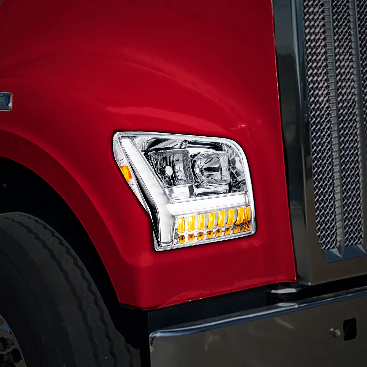 Chrome Headlight With LED DRL Light Bar & Turn Signal For 2018-2024 Kenworth W990-Passenger - Thumbnail 6