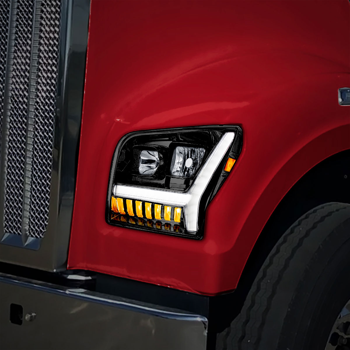 Blackout Headlight With LED DRL Light Bar & Turn Signal For 2018-2024 Kenworth W990-Driver - Thumbnail 6