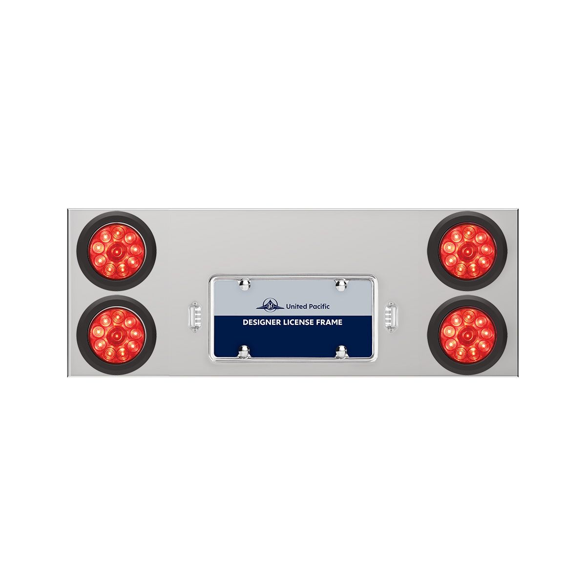 33-3/4" Stainless Rear Center Panel With Four 10 LED 4" Lights & Grommets - Red LED/Red Lens