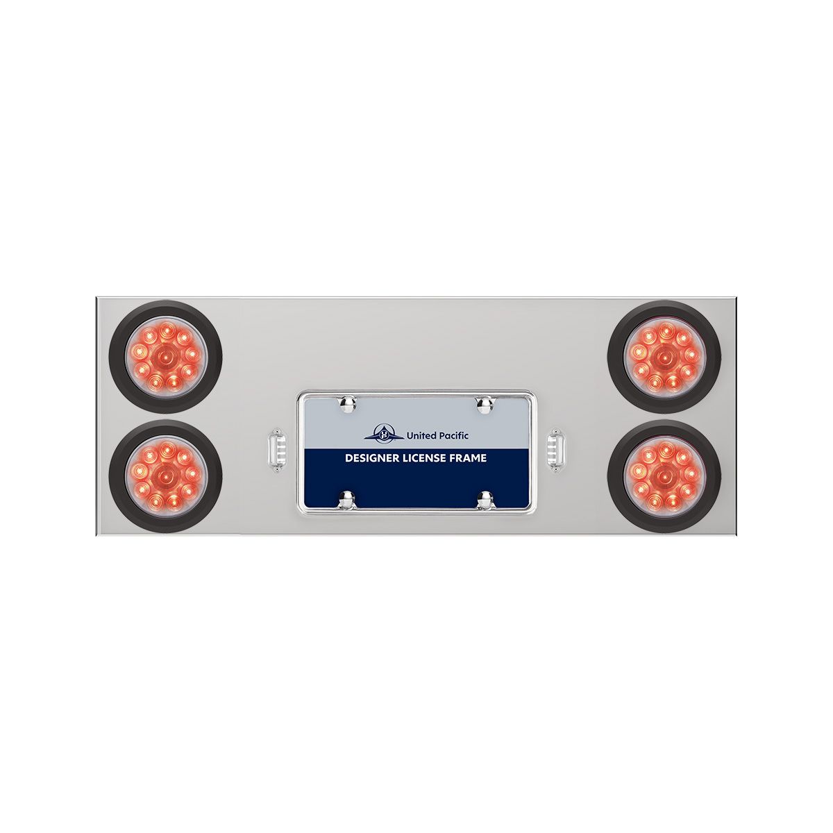 33-3/4" Stainless Rear Center Panel With Four 10 LED 4" Lights & Grommets - Red LED/Clear Lens