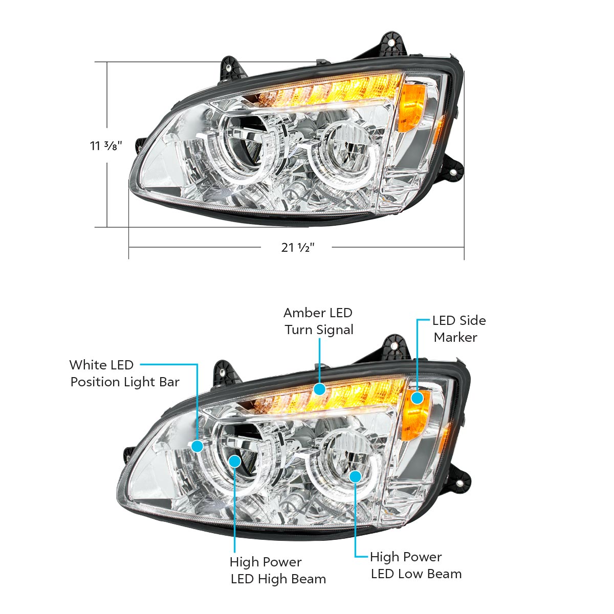 Chrome Full LED Headlight For 2008-2017 Kenworth T660-Driver - Thumbnail 6
