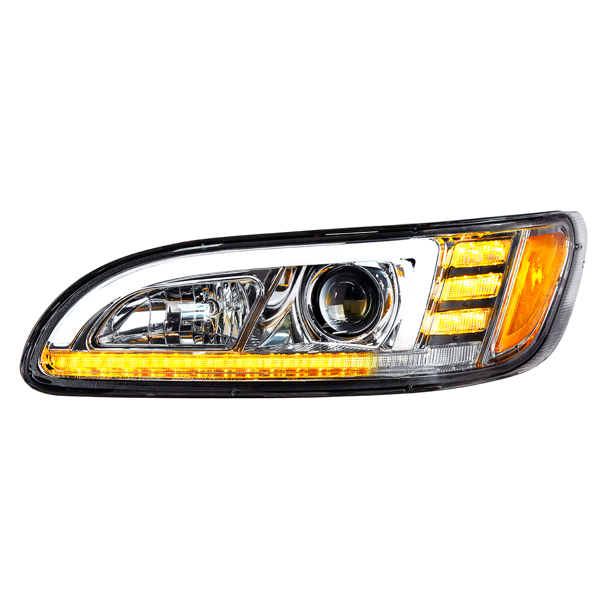 Chrome Projection Headlight With LED Sequential Turn & DRL For 2005-2015 Peterbilt 386- Driver - Thumbnail 2