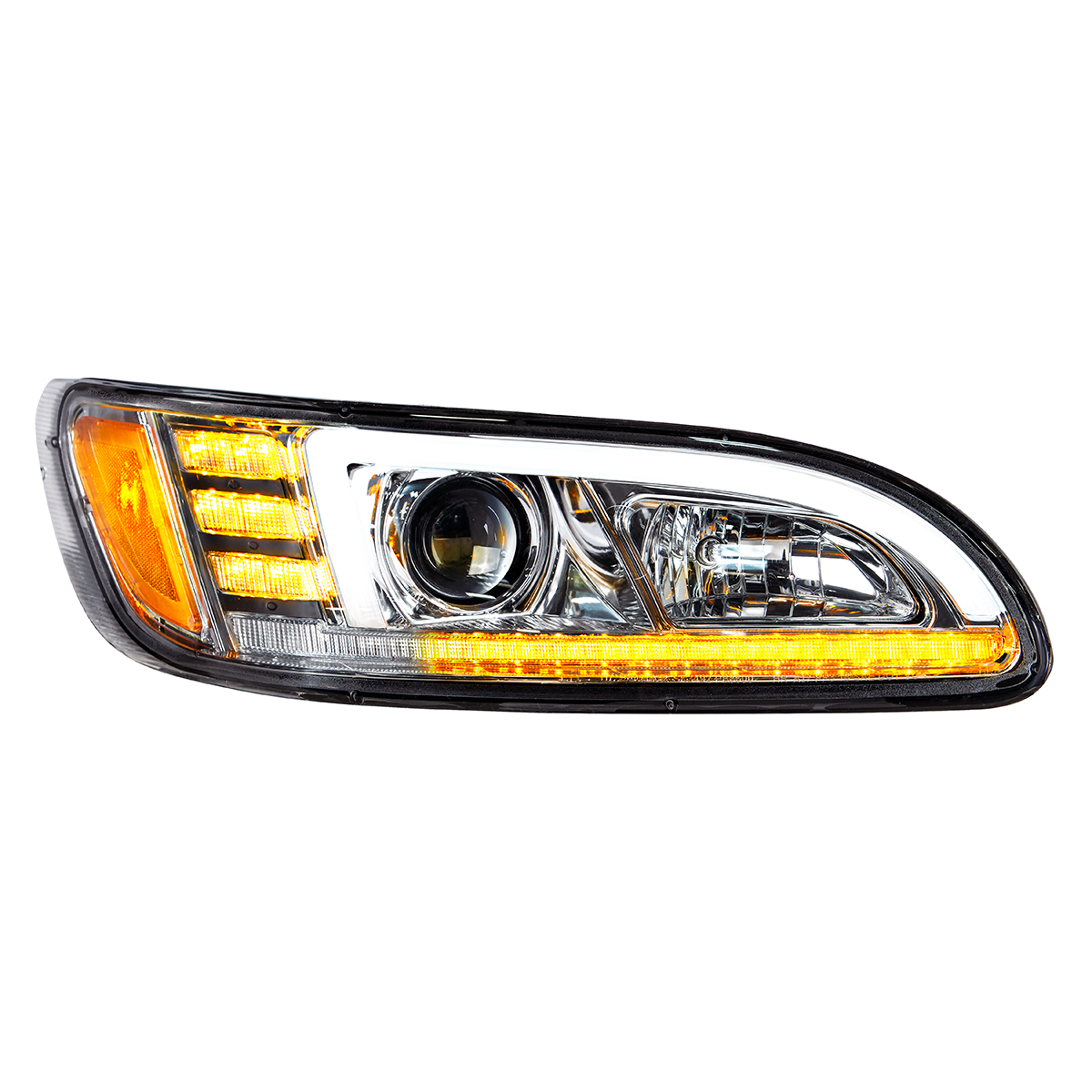 Chrome Projection Headlight With LED Sequential Turn & DRL For 2005-2015 Peterbilt 386- Passenger - Thumbnail 2