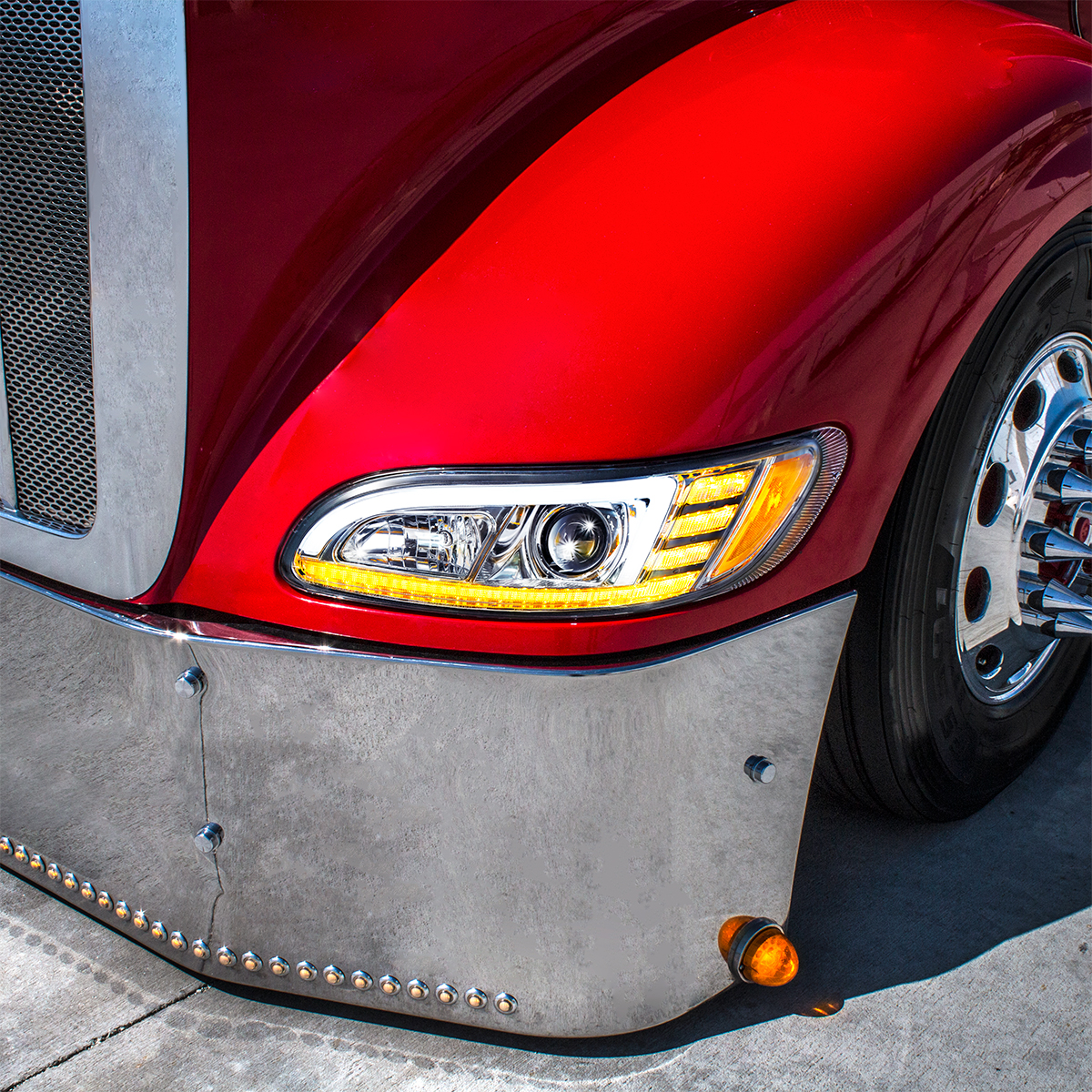 Chrome Projection Headlight With LED Sequential Turn & DRL For 2005-2015 Peterbilt 386- Passenger - Thumbnail 9