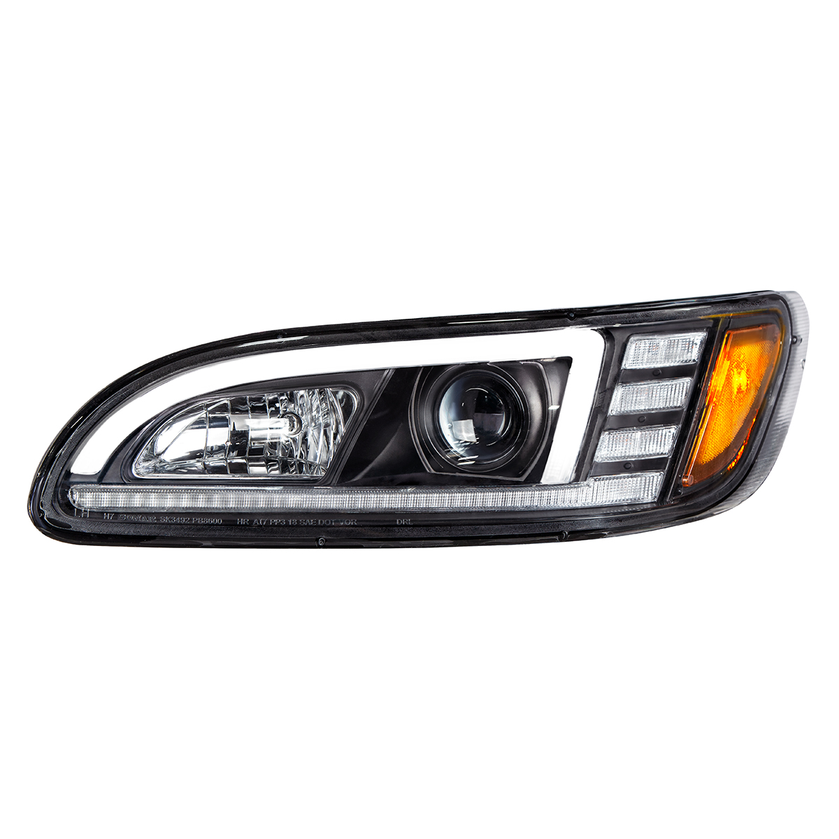 Black Projection Headlight With LED Sequential Turn & DRL For 2005-2015 Peterbilt 386 - Driver - Thumbnail 4