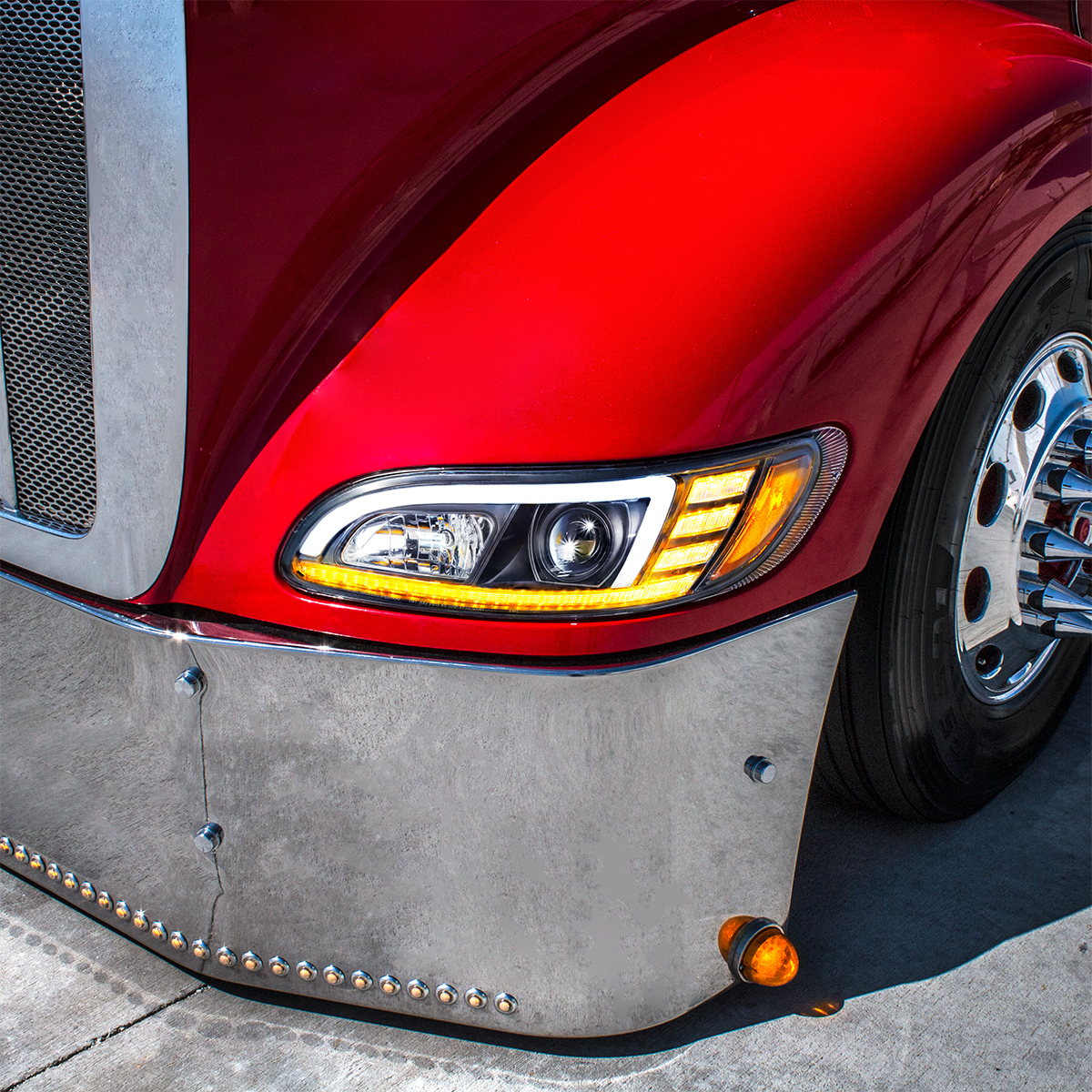 Black Projection Headlight With LED Sequential Turn & DRL For 2005-2015 Peterbilt 386 - Driver - Thumbnail 9