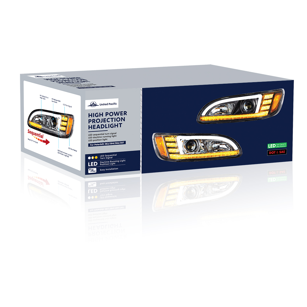 Black Projection Headlight With LED Sequential Turn & DRL For 2005-2015 Peterbilt 386- Passenger - Thumbnail 11