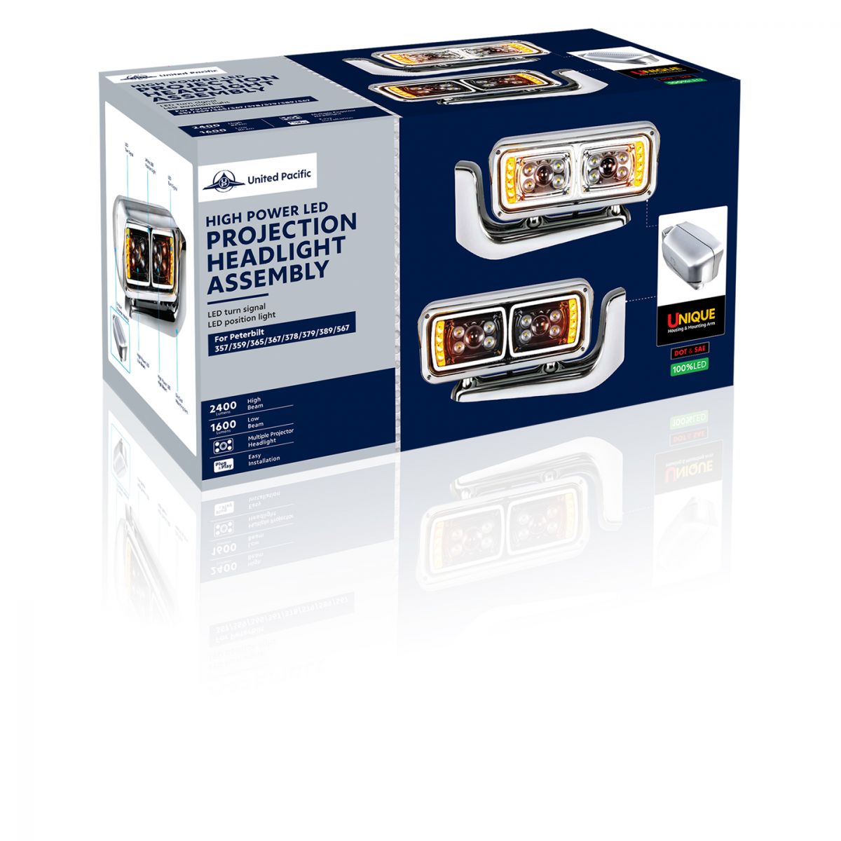 10 High Power LED "Chrome" Projection Headlight Assembly With Mounting Arm - Passenger Side - Thumbnail 7