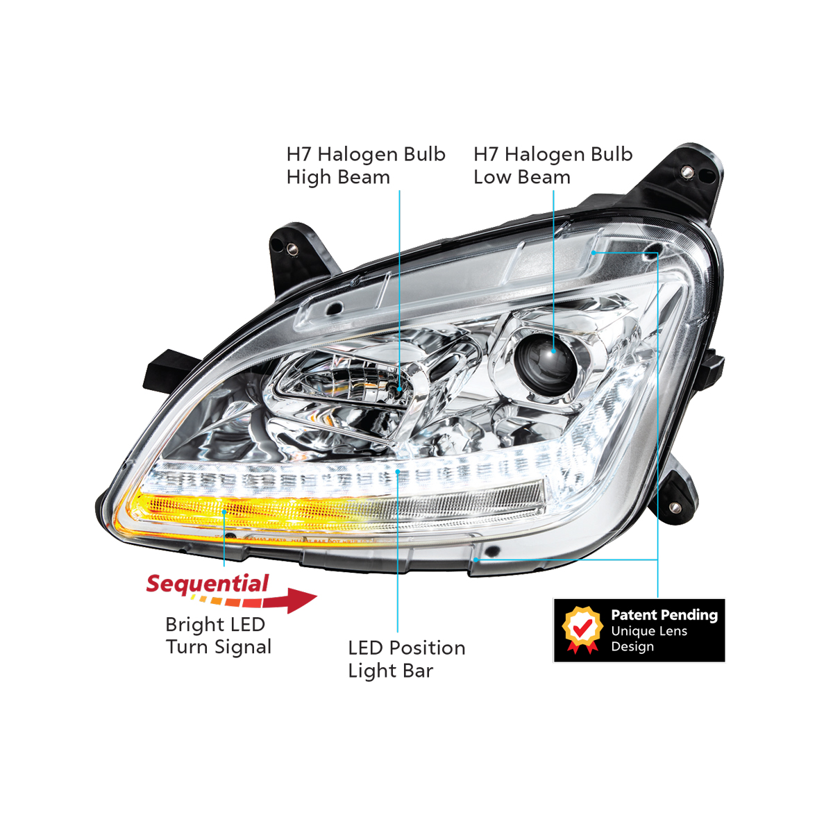 Chrome Projection Headlight With LED Sequential Turn and DRL For 2012-2021 Peterbilt 579- Passenger - Thumbnail 13
