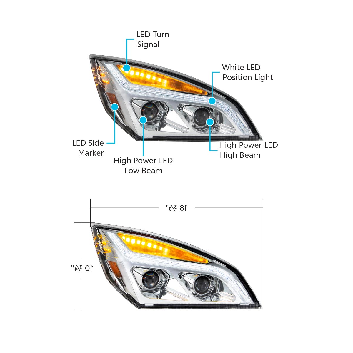 Chrome LED Projection Headlight With LED Position Light For 2018-2024 Freightliner Cascadia - Passenger - Thumbnail 8