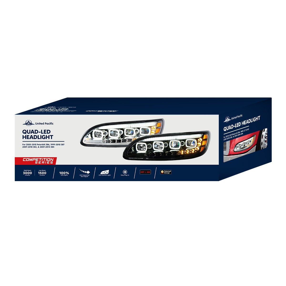 Black Quad-LED Headlight With LED DRL & Seq. Signal For 2005-2015 Peterbilt 386- Driver - Thumbnail 7