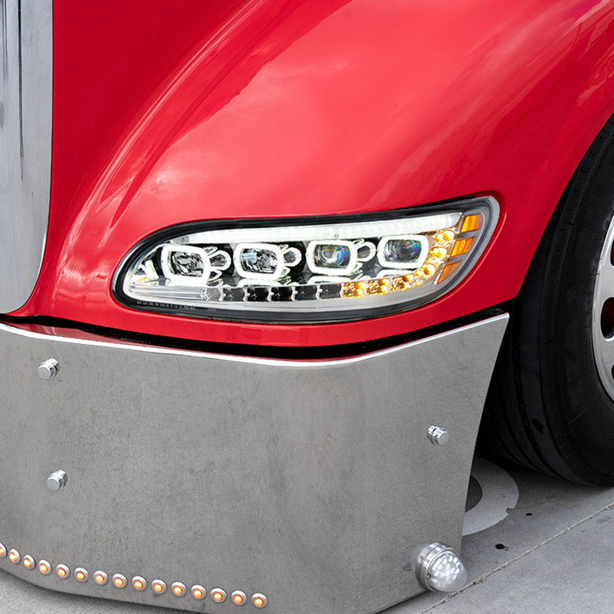 Black Quad-LED Headlight With LED DRL & Seq. Signal For 2005-2015 Peterbilt 386- Passenger - Thumbnail 6