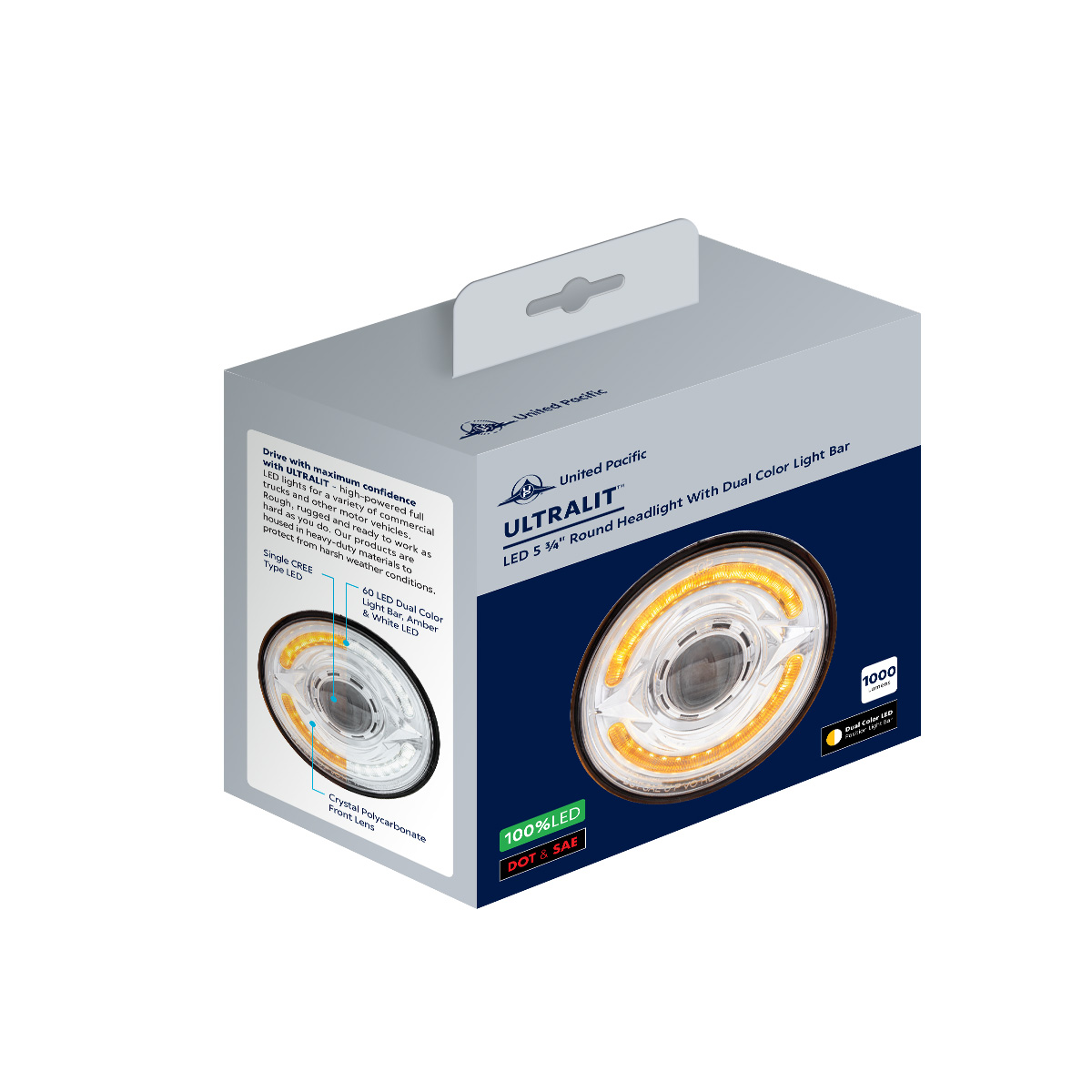 ULTRALIT- LED 5-3/4" Round Headlight With 60 LED Dual Color Light Bar, Amber & White LED - Low Beam - Thumbnail 6