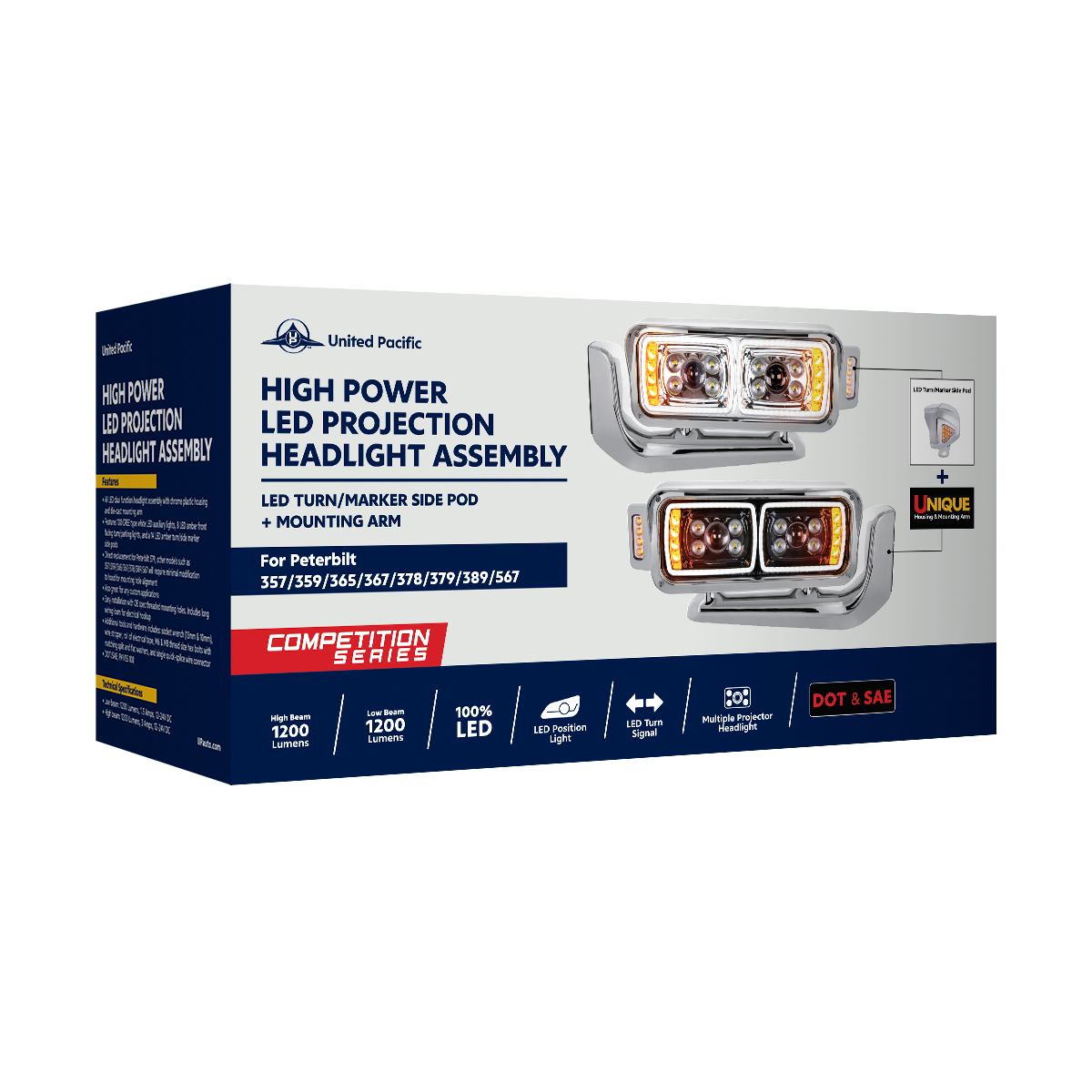 10 High Power LED "Chrome" Projection Headlight Assembly W/Mounting Arm & Turn Signal Side Pod - Passenger Side - Thumbnail 11