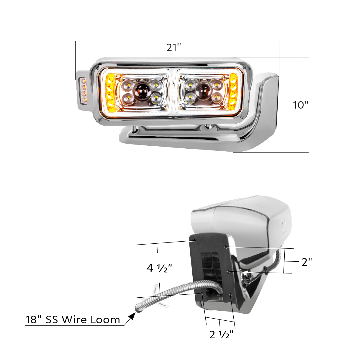 10 High Power LED "Chrome" Projection Headlight Assembly W/Mounting Arm & Turn Signal Side Pod - Passenger Side - Thumbnail 12