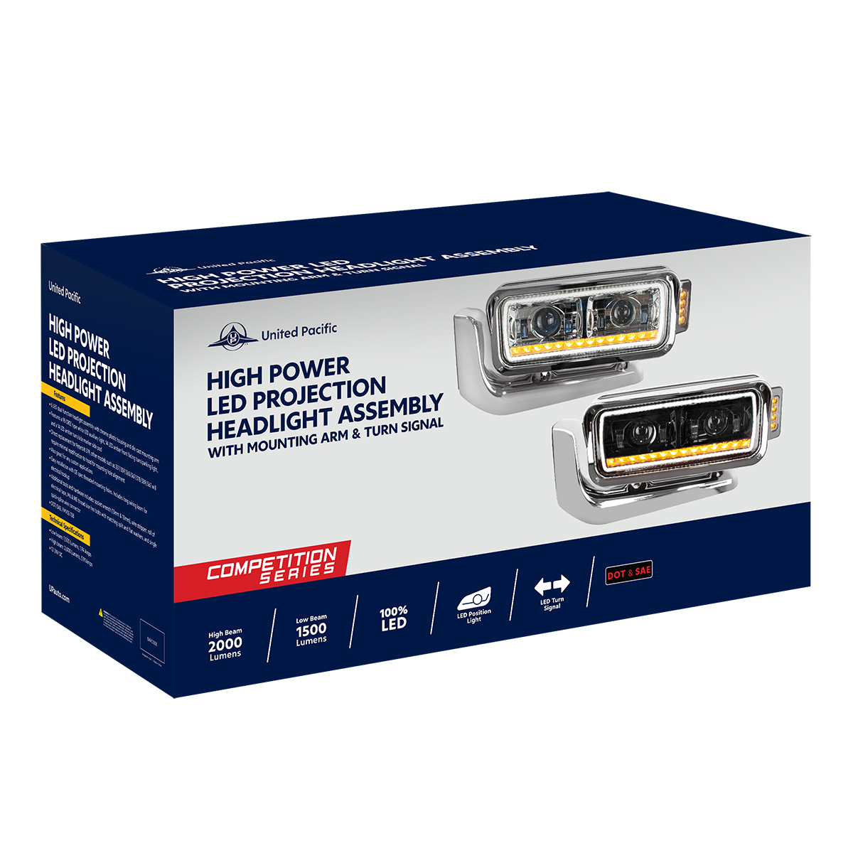 High Power LED Chrome Projection Headlight Assembly With Mounting Arm & Turn Signal - Driver - Thumbnail 15