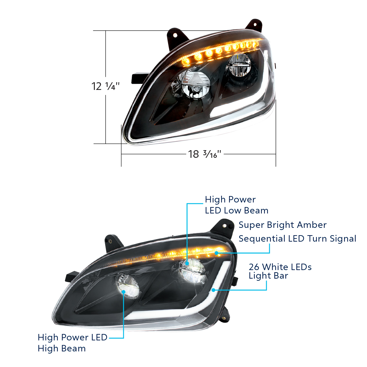 Black LED Headlight W/Sequential LED Turn Signal For Peterbilt 579 (2012-21) & 587 (2010-16) - Passenger - Thumbnail 7