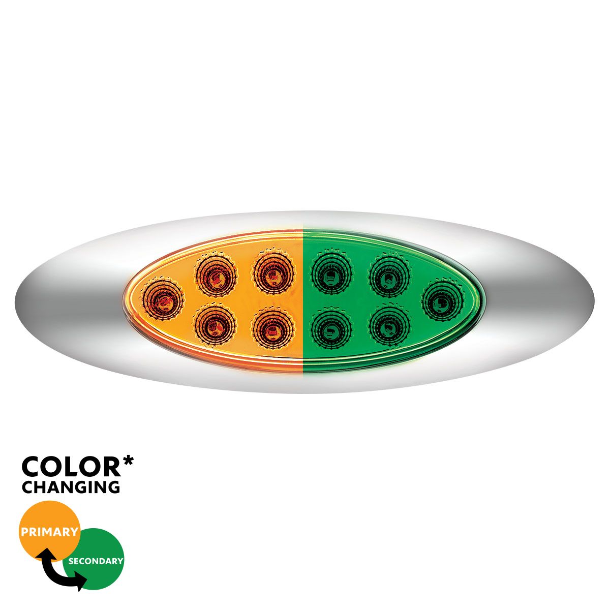 10 LED Oval Double Fury Light With Clear Lens & Chrome Bezel (Clearance/Marker) - Amber & Green LED/Clear Lens