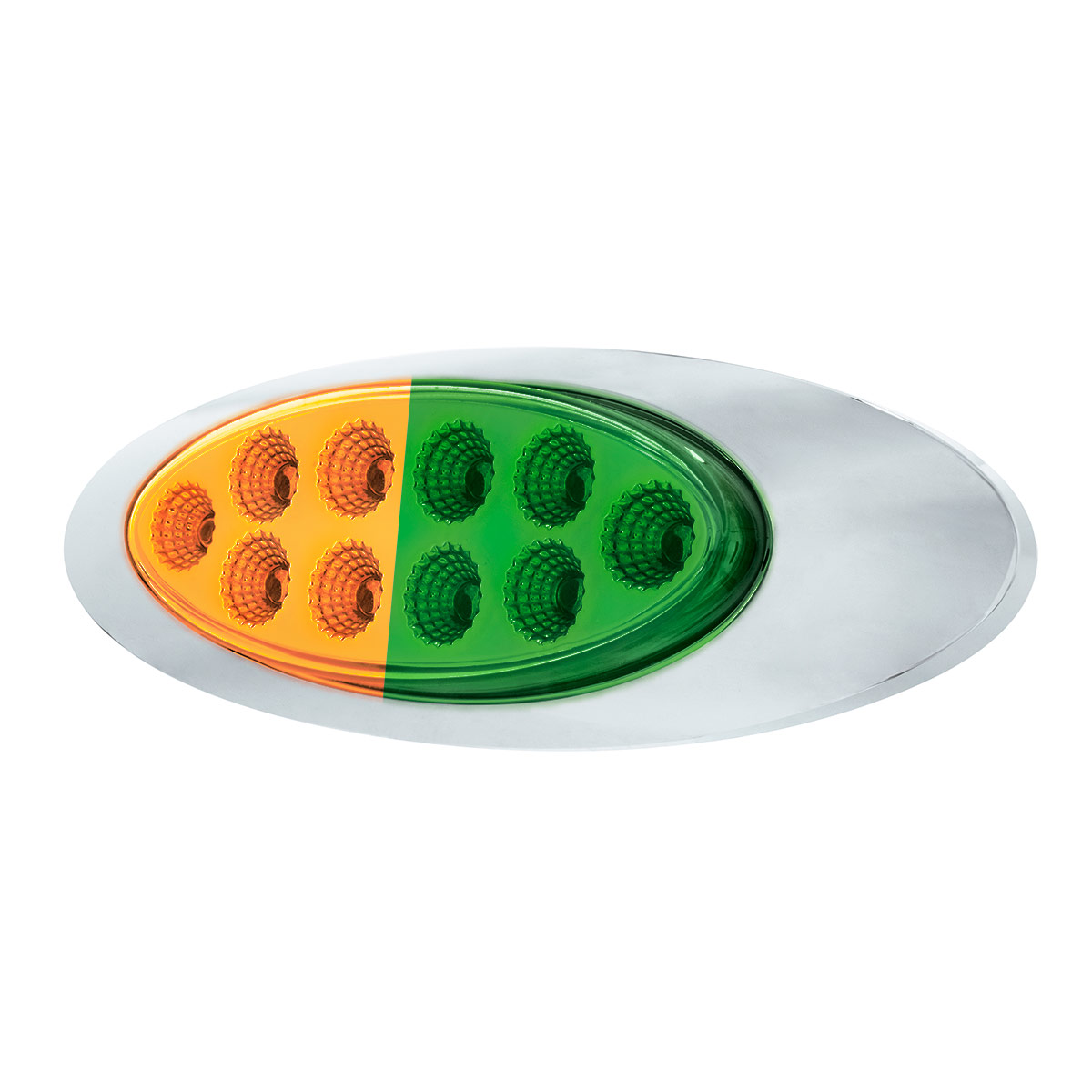 10 LED Oval Double Fury Light With Clear Lens & Chrome Bezel (Clearance/Marker) - Amber & Green LED/Clear Lens - Thumbnail 5